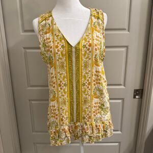 Cynthia Rowley Boho Yellow Floral Ruffle Tank Top Sleeveless Blouse Women’s